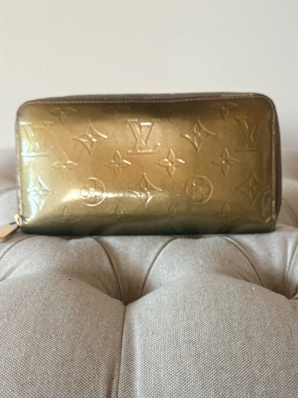 Louis Vuitton Vernis Zippy Wallet Vert Bronze Metallic Gold Monogram